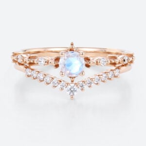 Moonstone Diamond Ring Round Gold Ring with Curved Ring Band