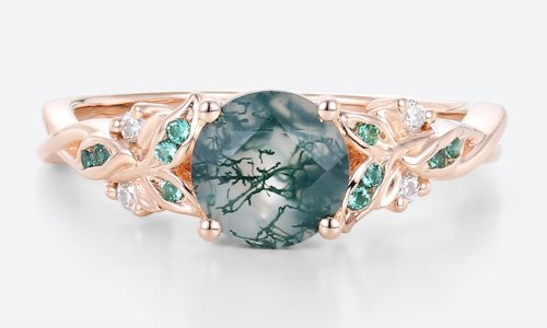 Round Cut Moss Agate Cluster Engagement Ring Intricate Leaf Bridal Ring (1)