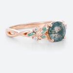 Women's Moss Agate Ring Cluster Round Engagement Ring