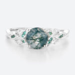 Women's Moss Agate Ring Cluster Round Engagement Ring