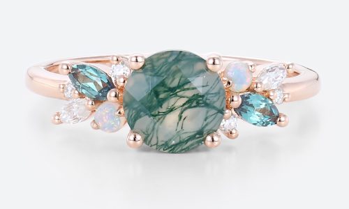 Agate Moss Ring Multicolor Gem Ring Rose Gold Rings for Women
