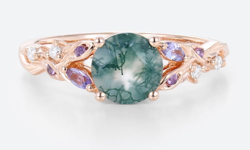 Moss Agate Gem Engagement Ring Rose Gold Vintage Ladies Rings