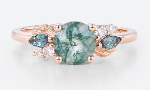 Multi Colored Gemstone Rings Gold Round Moss Agate Wedding Rings
