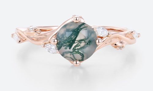 Natural Moss Agate Simple Round Engagement Rings Rose Gold Bridal Ring