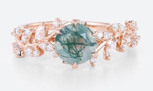 Nature Inspired Engagement Ring Round Cut Moss Agate Band