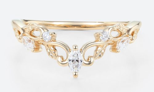 0.15ctw Marquise & Round Cut Lab Grown Diamond Curved Wedding Band Vintage-Inspired Stacking Ring in Yellow Gold