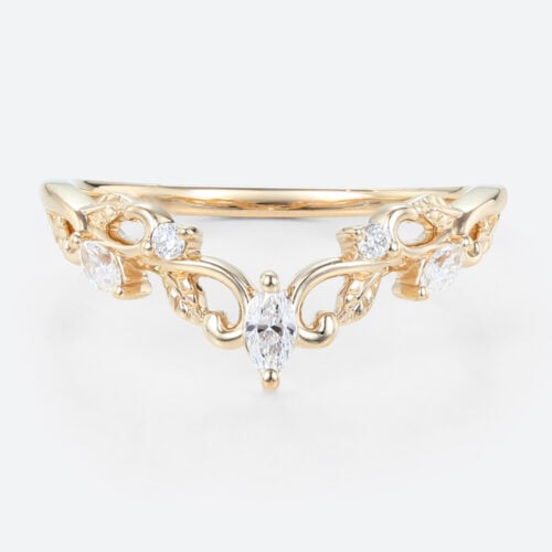 0.15ctw Marquise & Round Cut Lab Grown Diamond Curved Wedding Band Vintage-Inspired Stacking Ring in Yellow Gold