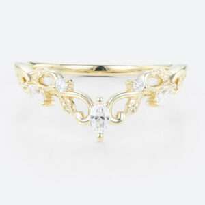 Marquise & Round Cut Lab Diamond Curved Wedding Band Vintage-Inspired Stacking Ring in yellow gold