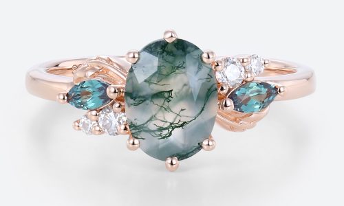 Gold Engagement Rings Oval Moss Agate Marquise Alexandrite Ring