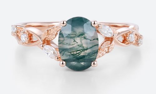 Rose Gold Oval Engagement Rings Nature Inspired Moss Green Agate