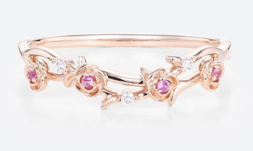 Pink Sapphire and Diamond Ring Forest Nature Inspired Rings