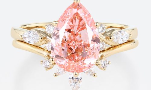 3ct Fancy Pink VS+ Pear Cut Lab Grown Pink Diamond Classic Cluster 6-Prong Bridal Ring Set (1)