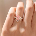 3ct Fancy Pink VS+ Pear Cut Lab Grown Pink Diamond Classic Cluster 6-Prong Bridal Ring Set (6)