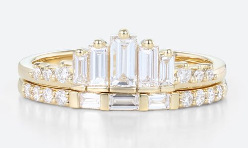 0.6ctw 2PCS Baguette & Round Cut Lab Grown Diamond Stacking Rings Art Deco Wedding Bands in Yellow Gold (1) 0.6ctw 2PCS Baguette & Round Cut Lab Grown Diamond Stacking Rings Art Deco Wedding Bands in Yellow Gold (1)