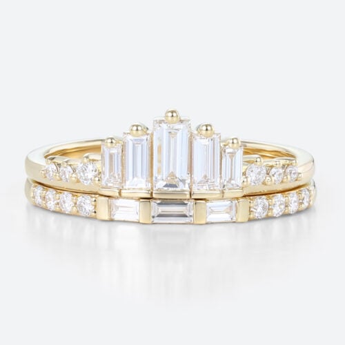 0.6ctw 2PCS Baguette & Round Cut Lab Grown Diamond Stacking Rings Art Deco Wedding Bands in Yellow Gold