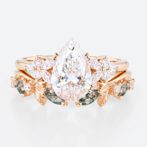 1ct Colorless VS+ Pear Cut Lab Grown Diamond Left-inspried Cluster Double Claw Prong Engagement Ring Set in Rose Gold