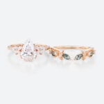 1ct Colorless VS+ Pear Cut Lab Grown Diamond Rings Sets Leaf-Inspried Cluster Double Claw Prong Engagement Ring with Moss Agate Open Wedding Ring Set in Rose Gold