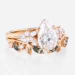 1ct Colorless VS+ Pear Cut Lab Grown Diamond Rings Sets Leaf-Inspried Cluster Double Claw Prong Engagement Ring with Moss Agate Open Wedding Ring Set in Rose Gold