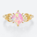 Princess Cut Pink Opal Ring Blossom Design Infinity Engagement Ring in Yellow Gold