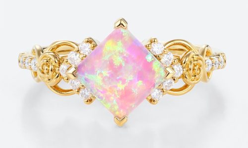 Princess Cut Pink Opal Ring Blossom Design Infinity Engagement Ring in Yellow Gold