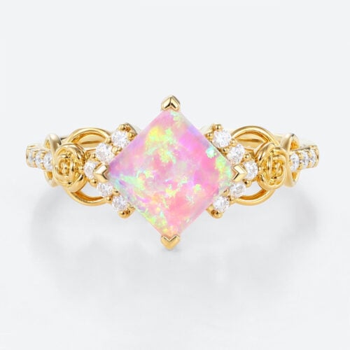 Princess Cut Pink Opal Ring Blossom Design Infinity Engagement Ring in Yellow Gold