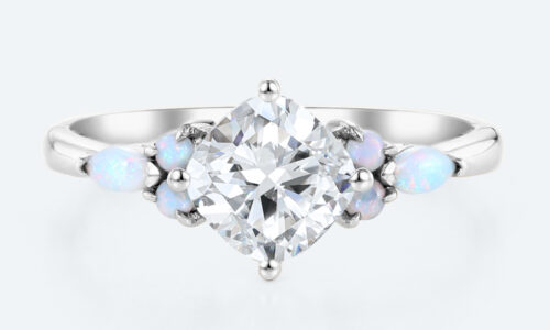 Cushion Cut Diamond Engagement Rings White Gold Opal Jewelry