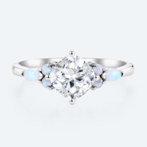 Cushion Cut Diamond Engagement Rings White Gold Opal Jewelry