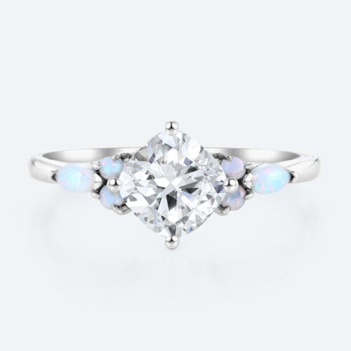 Cushion Cut Diamond Engagement Rings White Gold Opal Jewelry