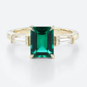 1.4ct Lab Emerald Rings​ Three Stone Baguette Accented Bridal Ring