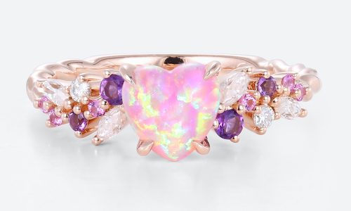 Rose Gold 0.6ct Heart Cut Pink Opal Ring 3/4 Twisted Engagement Ring Enchanted Floral Bridal Ring