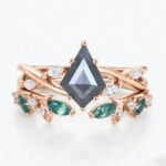 1.2ct Kite Cut Salt and Pepper Diamond Ring Set with Moss Agate Wedding Band