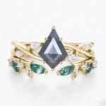 1.2ct Kite Cut Salt and Pepper Diamond Ring Set with Moss Agate Wedding Band