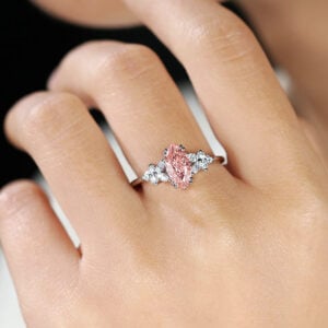 Marquise Cut Lab Grown Pink Diamond Ring Cluster Engagement Ring Thin Band (3)