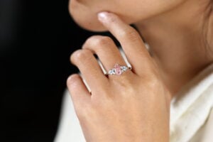 Marquise Cut Lab Grown Pink Diamond Ring Cluster Engagement Ring Thin Band