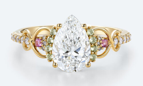 yellow gold Pear Cut Diamond Ring Multi Gemstone 1 Ct Lab Grown Diamond Ring