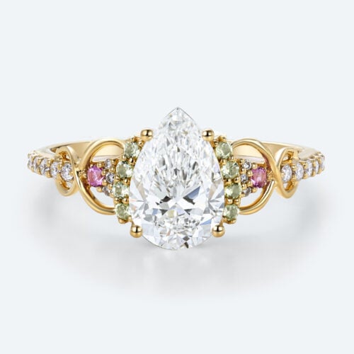 yellow gold Pear Cut Diamond Ring Multi Gemstone 1 Ct Lab Grown Diamond Ring