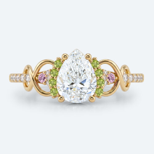 Pear Shaped Lab Grown Diamond Infinity Cluster 4 Prong Engagement Ring in Yellow Gold