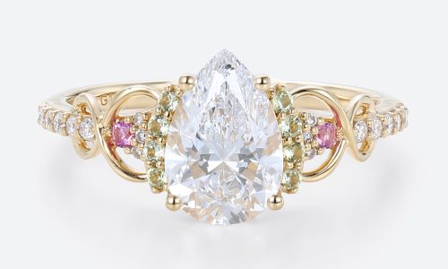 yellow gold Pear Cut Diamond Ring Multi Gemstone 1 Ct Lab Grown Diamond Ring