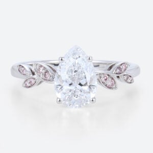 1 Carat Pear Shaped Diamond Ring with Lab Pink Diamonds Side Stone