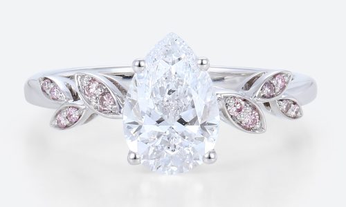 1 Carat Pear Shaped Diamond Ring with Lab Pink Diamonds Side Stone