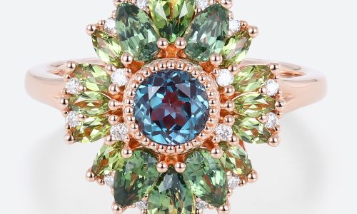 Multi Gemstone Flower Ring Rose Gold Alexandrite Birthstone Rings