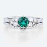 Women's Vintage Wedding Ring Lab Grown Emerald Engagement Ring Set