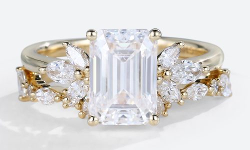 Moissanite Emerald Cut Bridal Set Rings Yellow Gold Engagement Rings Emerald Cut