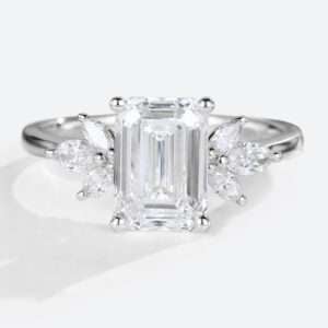 Emerald Cut Moissanite Engagement Rings Marquise Accented Bridal Ring