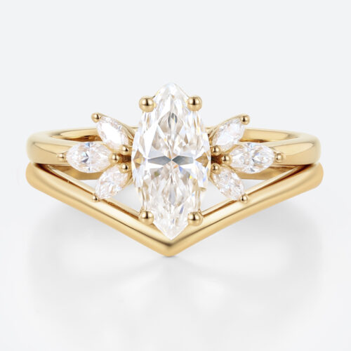 Moissanite Wedding Ring Sets Yellow Gold Marquise Bridal Set Rings