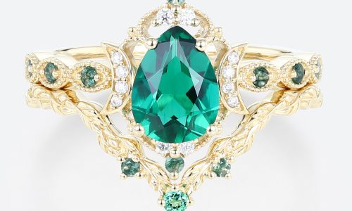 Tear Drop Wedding Ring Set Lab Created Emerald Engagement Rings