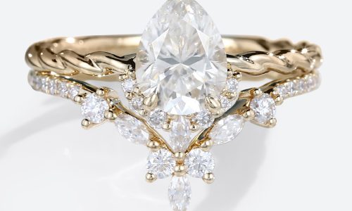 Moissanite Engagement Ring Set Twisted Gold Ring Moissanite Pear Ring