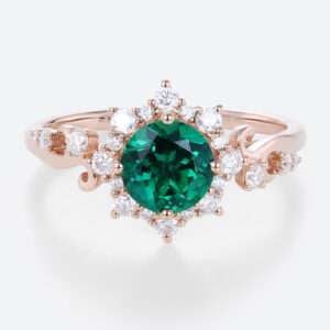 Lab Created Emerald​​ Engagement Ring Halo Rose Gold Womens Rings