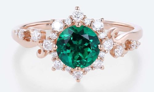 Lab Created Emerald​​ Engagement Ring Halo Rose Gold Womens Rings