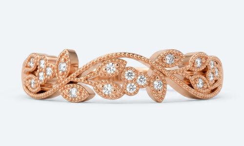 Intricate Leaf Design Wedding Band Round Lab Diamond Milgrain